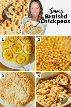 the steps to make lemony baked chickpeas are shown in four different pictures