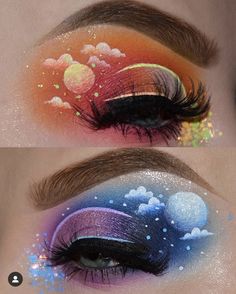 Sun And Moon Eye Makeup, Eclipse Makeup Ideas, Sun And Moon Face Paint, Sun Moon Makeup, Sun And Moon Makeup Look, Solar Eclipse Makeup, Sun Eye Makeup, Moon Eye Makeup, Sun Makeup Looks