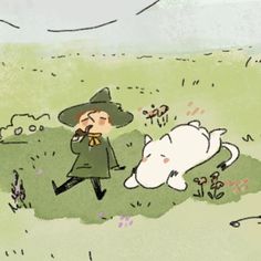 a drawing of a person in a hat and coat walking with a cat on the grass