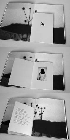 an open book with black and white photos on the cover is shown in three different positions