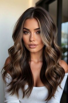 Dimensional Balayage Dark Brown, Bright Caramel Balayage, Brown Sugar Blonde Hair, Olive Skin Hair Color Ideas, Chocolate Brown With Blonde Highlights, Dark Hair With Light Front Face Framing, Fall Balayage Hair, Long Brown Hairstyles, Highlights 2024