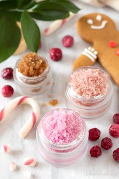 Learn how to make the best DIY lip scrub recipes for the holiday season! Exfoliate and moisturize dry, flaky lips with delicious winter flavours. This simple tutorial includes recipes for peppermint candy cane, gingerbread, cranberry and spiced orange. Make these edible Christmas lip scrubs in minutes with natural ingredients like sugar and liquid coconut oil. #lipscrub #alifeadjacent #sugarscrub