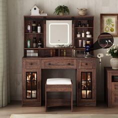 a wooden desk with a mirror and shelves