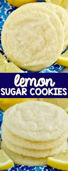 lemon sugar cookies stacked on top of each other with the words lemon sugar cookies above them