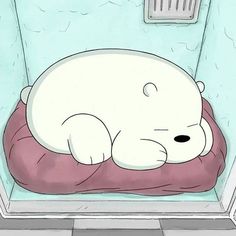 a polar bear sleeping on a pillow in the corner of a room with a light switch