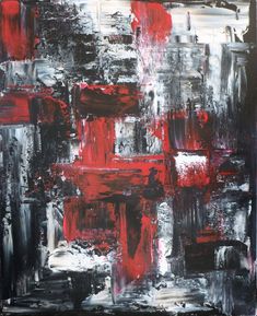 an abstract painting with black and red colors