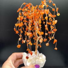 Genuine Carnelian Natural Stone Chips Beaded Weeping Willow Tree With An Iridescent Aura Quartz Base. This Is A Large Statement / Display Piece. It Measures Approx 7.5” Tall. The Copper Wire Branches Are Easily Bendable To Form To Your Liking. Keywords: Stone Stones Gemstone Trees Copper Wire-Wrapped Crystal Crystals Reiki Healing Christmas Gift Orange Halloween Decor Orange Halloween Decor, Weeping Willow Tree, Crystal Chips, Wrapped Crystal, Weeping Willow, Stone Chips, Wire Wrapping Crystals, Willow Tree, Stone Crystal