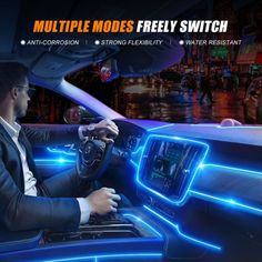 a man in a suit driving a car with the text multiple modes freely switch on it