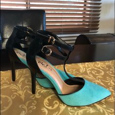 Two Strap Black And Turquoise Heels. Size 6/7 Chic Turquoise Pointed Toe Heels, Chic Turquoise Heels For Evening, Chic Turquoise Heels For Spring, Turquoise Ankle Strap Heels For Party, Turquoise Pointed Toe Heels For Spring, Turquoise Pointed Toe Party Heels, Spring Turquoise Pointed Toe Heels, Chic Turquoise High Heels, Turquoise Heels