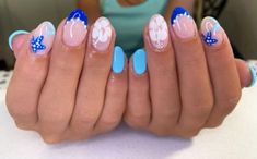 Fun Preppy Nails, Summery Nails Blue, Beachy Nail Inspo Almond, Turquoise Nails Summer, Blue Almond Summer Nails, Trendy Summer Nails Blue, Blue Nails Preppy, Beach Nails Inspo 2024, Nail Ideas Hawaii