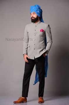 Product Description - The first and most important rule of men's style is you should feel comfortable and confident in your clothes. You will need both these attributes to pull off just about any outfit successfully. A suit that fits increases your confidence and makes you look good. Regardless of how 'classy' or expensive they might be. New Stylish handmade Decent Jodhpuri suit for men for wedding and festive occasions.  Stylish New Bandgala jodhpuri suit  Top Details  -  Color  -  Gray  Fabric  - Suiting  Bottom Details - Color  - Black Fabric - Suiting Bottom Style  - Pant Note 1 :- If you want any other Color in this so please send us a message sothat we will make it according to your choice. Note 2:-  Select your size according to your chest. Note 3 :- If you want in your perfect size Wedding Party Reception, Jodhpuri Suit For Men, Mens Wedding Suits, Party Reception, Wedding Dress Men, Suit For Men