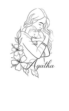 a drawing of a woman holding a baby in her arms with the word's name above it