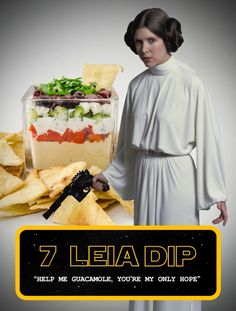 a woman holding a knife in front of a star wars food container with chips on it