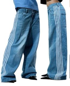 Y2K Black & White Striped Baggy Jeans  Blue S  - VONVEX Fits To Recreate, Streetwear Trousers, Wide Leg Denim Pants, Retro Hip Hop, Ripped Pants, Y2k Men, Idk Anymore, Style Wide Leg Pants, Jeans Y2k