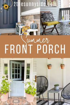 the front porch is decorated with sunflowers, chairs and potted planters