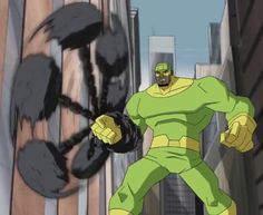 an animated image of a man in a green suit and black mask with his arms out