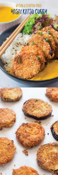 some fried food on a plate with chopsticks next to it and an image of vegetables