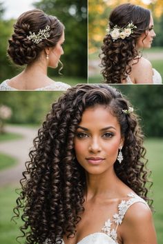 Curly hair brides, get ready to shine! Discover 20 stunning wedding hairstyles that enhance your natural texture, from loose waves to defined curls. Find your perfect look and get ready to walk down the aisle in style! Visit now and start planning your big day! Super Curly Hair Wedding Styles, Bridesmaid Updos For Curly Hair, Latest Bridal Hairstyles Brides, Wedding Hair Down Curly Natural, 2b Wedding Hairstyles, Haïr Style For Curly Hair For Wedding, Bridal Hair For Thick Curly Hair, Pageant Hair Natural Curly, Curly Hair Bride Updo