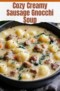 this creamy sausage gnocchi soup is loaded with meat, cheese and spinach