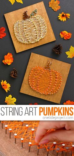 string art pumpkins are displayed on wooden boards