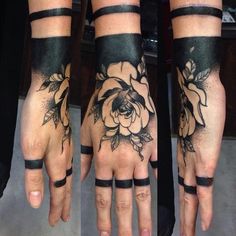 three different hand tattoos with flowers on them