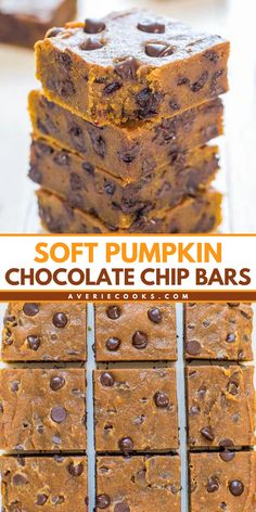 Looking for simple Thanksgiving desserts? Here's a simple pumpkin dessert you don't want to miss! This pumpkin bar recipe is easy fall baking in just one bowl with no mixer. Everyone will love these Soft Pumpkin Chocolate Chip Bars that are full of flavor! Chocolate Pumpkin Desserts, Blondies Recipes, Easy Pumpkin Bars, Pumpkin Bar, Pumpkin Fudge, Thanksgiving 2023, Averie Cooks, Pumpkin Recipes Easy