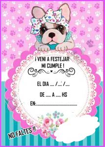 a pink and blue card with a dog on it's back side, in spanish