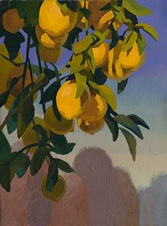 an oil painting of lemons hanging from a tree