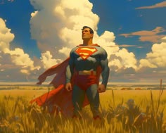 a painting of a man dressed as superman standing in the middle of a wheat field