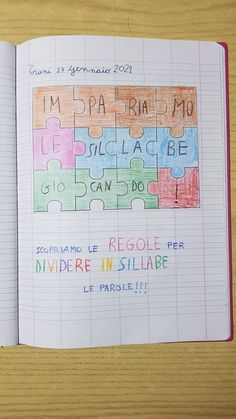 an open notebook with colorful puzzle pieces on the page and words written in different languages