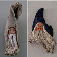 two different pictures of gnomes made out of driftwood