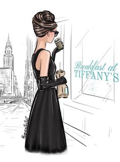 a drawing of a woman in a black dress holding a coffee cup and looking at the city