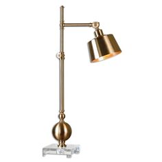 The Laton Task Lamp features a a Brushed Brass finish with a thick crystal foot. Shade pivots up and down and lamp is adjustable in height. On/off switch on cord. Uttermost Lighting, Uttermost Lamps, Brass Desk Lamp, Brass Desk, Task Lamp, Buffet Lamps, Task Lamps, Lamps For Sale, Desk Light