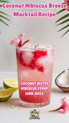 coconut hibiscus breeze mocko cocktail recipe in a glass with ice and garnishes