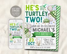 a turtle birthday party with an iphone next to it and the message he's turtley two