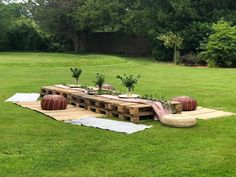 a wooden bench sitting on top of a lush green field covered in plants and potted plants