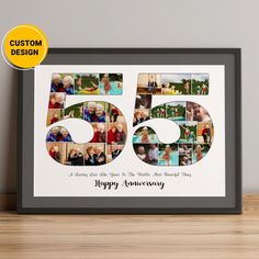 a framed photo with the number fifty five in it's center and an inscription that reads, happy anniversary