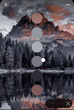 an image of mountains and trees in the background with circles above them that are colored