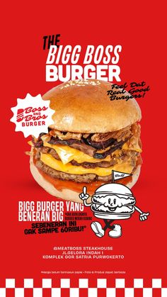 the big boss burger advertisement is displayed on a red background