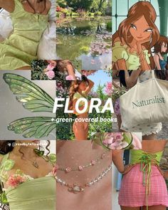 a collage of photos with flowers and fairy tale characters in the background, including a woman holding a bag