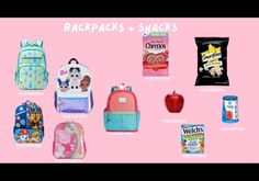 the back packs and snacks are displayed on a pink background