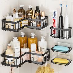 two black shelves with soaps, lotions and other bathroom items