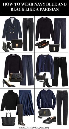 Navy Womens Outfits, Black And Navy Capsule Wardrobe, Black Navy Grey Capsule Wardrobe, Navy And Black Work Outfit, Polished Style Minimal Classic, Black And Navy Winter Outfit, Navy Neutral Outfit, Navy Blue Cardigan Outfit Fall, Parisian Business Style