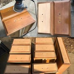 several pieces of wood sitting on top of a table next to a power driller