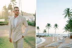 a man in a suit standing on the beach next to empty chairs and palm trees