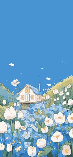 a house in the middle of a field of flowers with blue sky and clouds above it