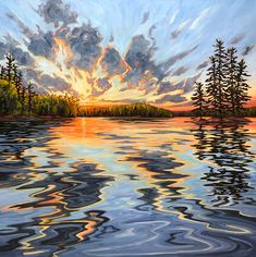 a painting of the sun setting over a lake