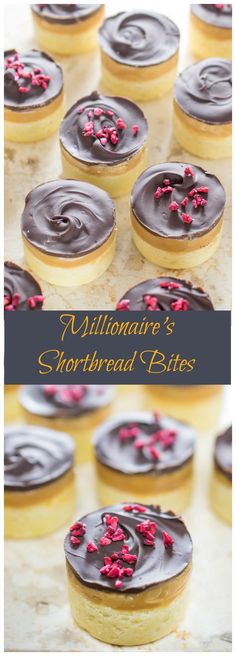 chocolate frosted shortbread bites with sprinkles on top and the words, millonaire's shortbread bites