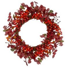 a wreath with red berries and green leaves