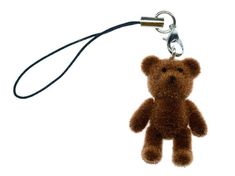 a brown teddy bear keychain with a black cord attached to the back of it